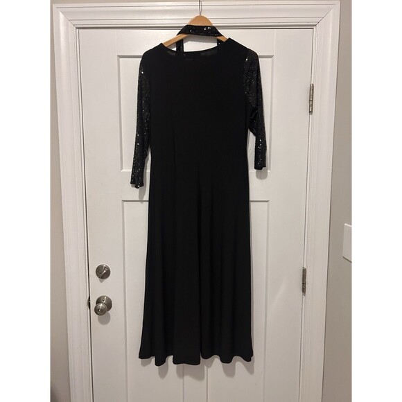 Women’s Stretch Sequin Sleeve Black V-Neck Midi Dress Size Large Cocktail Belt - Picture 5 of 6